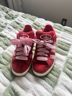 Adidas Women’s Red Suede Sneakers with Pink Accents